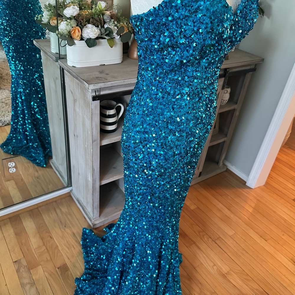 Strapless Mermaid Sequin Prom Dress - Aqua - Picture 7 of 10